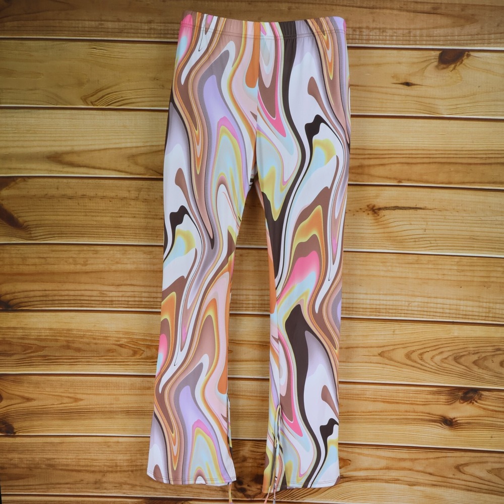 Fashion Nova Flared Leggings Womens Size 2X Colorful Marbled Stretch‎ Leg Ties